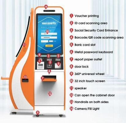 Kios Self Check-in Layar Sentuh 21,5/32 Inci dengan OS Android/Windows dan Konektivitas WiFi/Ethernet/Bluetooth/3G/4G