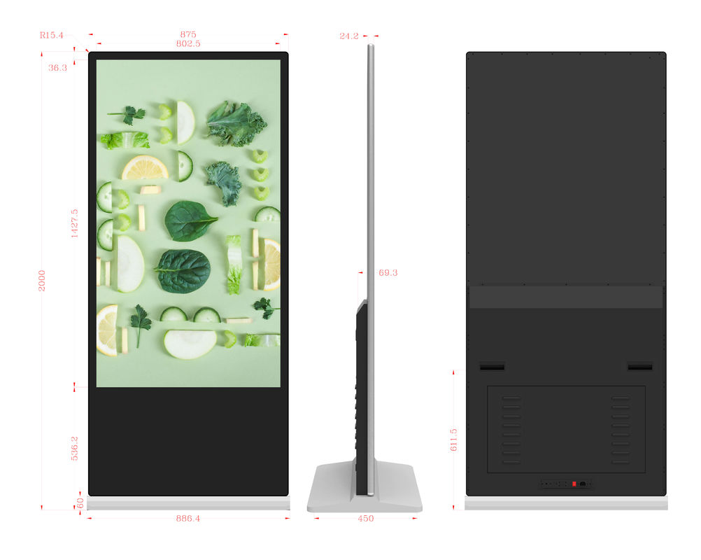 Layar Digital Signage Layar Sentuh 65 Inci dengan Kios Berdiri Lantai Iklan LCD Kecerahan Tinggi